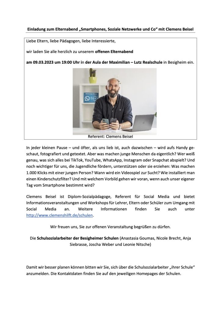 Schulsozialarbeit lädt zu Infoabend ein: Smartphones, Soziale Netzwerke & Co.